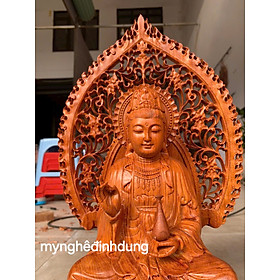 Tượng mẹ quan âm bồ tát bằng gỗ hương đá  cao 40x20x20cm + lá chắn hào quang cao tổng 52cm 
