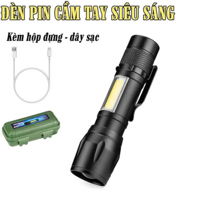 Đèn pin  cầm tay siêu sáng  với 3 chế độ ,đèn pin cao cấp  ,dây cắm sạc và nút bấm tiện lợi , kèm hộp đựng  chống sốc nhỏ gọn thuận lợi cho việc mang theo