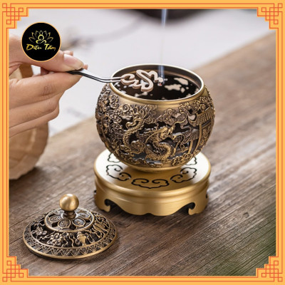 Lư xông trầm hương Lư đồng hình ngũ long chầu nguyệt lư đốt trầm tặng trụ, lót chống cháy thờ cúng phong thủy - lư xoay