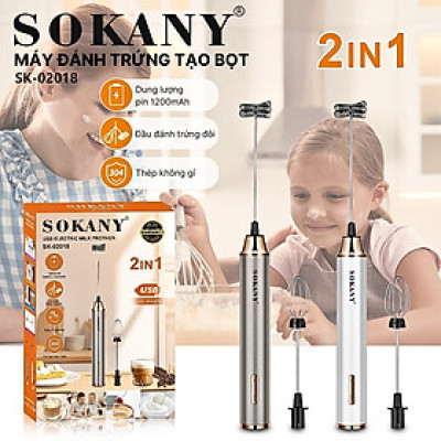 Máy đánh bọt cầm tay KHÔNG DÂY SOKANY SK02018 đa năng 2in 1, đánh trứng, tạo bọt, có sạc USB tiện lợi - HÀNG CHÍNH HÃNG