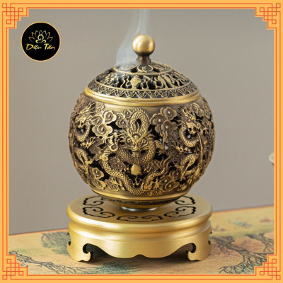 Lư xông trầm hương Lư đồng hình ngũ long chầu nguyệt lư đốt trầm tặng trụ, lót chống cháy thờ cúng phong thủy - lư xoay
