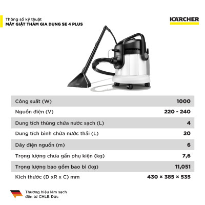 (Sản xuất Châu Âu) Máy giặt thảm, Sofa Karcher SE 4 Plus - Công suất 1000W - Làm sạch thảm, sofa và hút bụi đa năng dùng cho gia đình - Hàng Chính Hãng