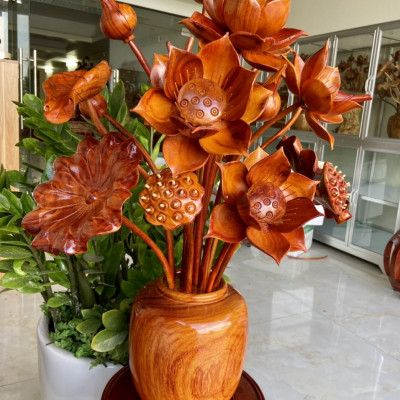 1binh hoa sen 19 hoa lá cành, trang trí phòng khách phòng thờ bằng gỗ hương đỏ  