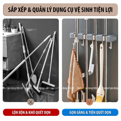Giá Đỡ Chổi 4 Lỗ Kẹp Cây Lau Nhà 5 Móc Treo Khăn Bàn Chải Cọ Tắm Đa Năng Hamart Dán Tường Siêu Dính