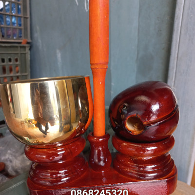 Bộ chuông mõ tụng kinh bằng gỗ mít kt 6cm + cả chân đế 