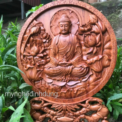 ĐĨA KHẮC PHẬT ADI ĐÀ BẰNG GỖ HƯƠNG ĐÁ KT 45CM 