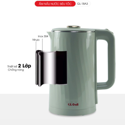 Ấm siêu tốc Gali GL-18A3 1.8L. Thiết kế 2 lớp cách nhiệt, Inox 304. Hàng chính hãng, bảo hành 24 tháng