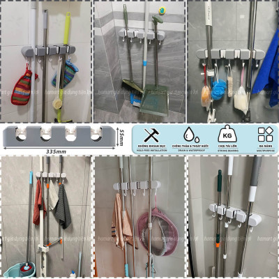 Giá Đỡ Chổi 4 Lỗ Kẹp Cây Lau Nhà 5 Móc Treo Khăn Bàn Chải Cọ Tắm Đa Năng Hamart Dán Tường Siêu Dính
