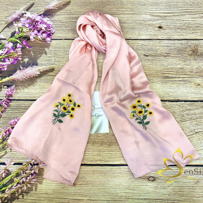 Khăn Lụa Thêu Tay Hoa Hướng Dương 200x55cm, Silk Hand Embroidery made by SenSilk, Lụa Tơ Tằm Cao Cấp Thêu Thủ Công