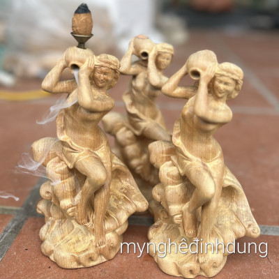 Tượng điêu khắc nàng tiên ốc xông trầm gỗ bách xanh thơm nức kt cao 20×9×8cm