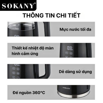 Ấm đun nước siêu tốc SOKANY SK-09050, Ấm đun nước giữ nhiệt dung tích 1.7L, hâm nước pha sữa, điều chỉnh, hiển thị nhiệt - HÀNG CHÍNH HÃNG - DELIYA