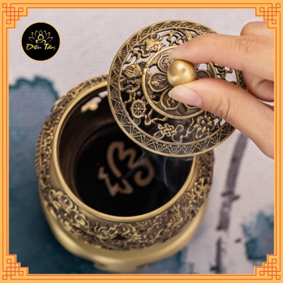 Lư xông trầm hương Lư đồng hình ngũ long chầu nguyệt lư đốt trầm tặng trụ, lót chống cháy thờ cúng phong thủy - lư xoay