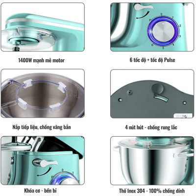 Máy Trộn Thực Phẩm Làm Bánh SM02 Đa Năng 3 Trong 1, Có Nắp Tiếp Liệu, Thố Inox 304 Dung Tích 5.5 Lít, Hàng Chính Hãng