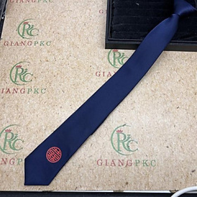 Cà vạt nam chú rể màu xanh đen song Hỷ đỏ tròn mẫu 6cm dây kéo thắt sẵn màu xanh đen kẻ tăm