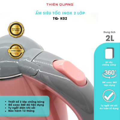 Ấm Đun Siêu Tốc Thiên Quang 2 LỚP Cách Nhiệt Inox Cao Cấp, 2 Lít, 1500W, Đun Nước Sôi Nhanh, Tiết Kiệm Điện - Hàng Chính Hãng