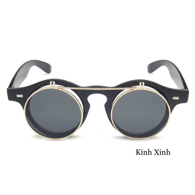 Kính Râm 2 Lớp Mở Nắp Mắt Tròn Gọng Nhựa Chống Nắng Uv Cao Cấp