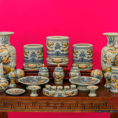 Bát Hương Men Rạn Đắp Nổi Siza 25cm ( Kèm Chân Đế )