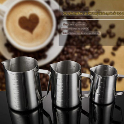 Ca đánh sữa pha chế đồ uống dành cho nhà hàng khách sạn quán bar  - ca inox 304 đánh sữa có quai, chia vạch CNC dõ nét chính sác dành cho cà phê Cappuccino/Latte