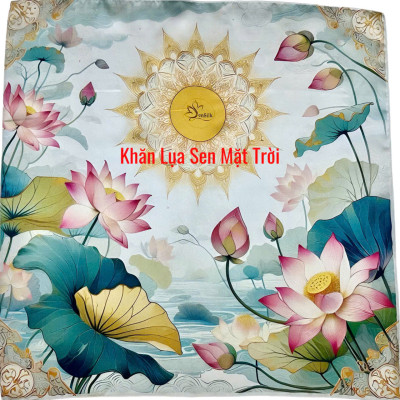Khăn Lụa in Độc Bản Sen Mặt Trời 65x65cm - Mulberry Silk Gift - Square Towel 65x65 - Quà Tặng Lụa Cao Cấp