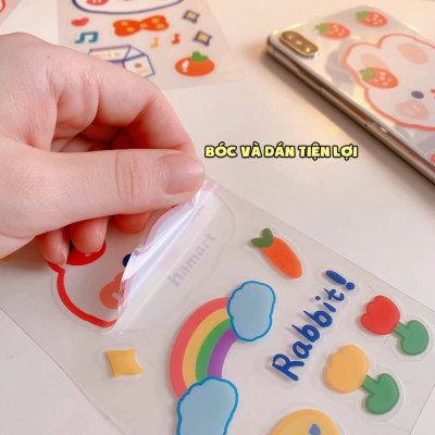 SET 6 Tờ 90 Nhãn Dán Sticker Thỏ Gấu Chuột PET Trong Suốt Cute Không Thấm Nước Trang Trí Dễ Thương