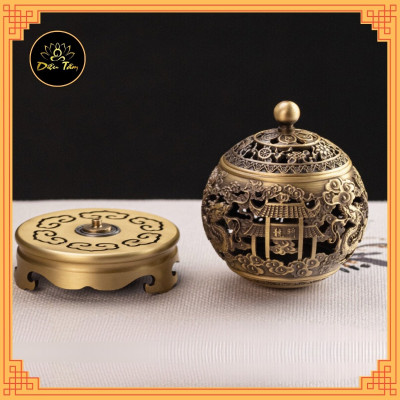 Lư xông trầm hương Lư đồng hình ngũ long chầu nguyệt lư đốt trầm tặng trụ, lót chống cháy thờ cúng phong thủy - lư xoay