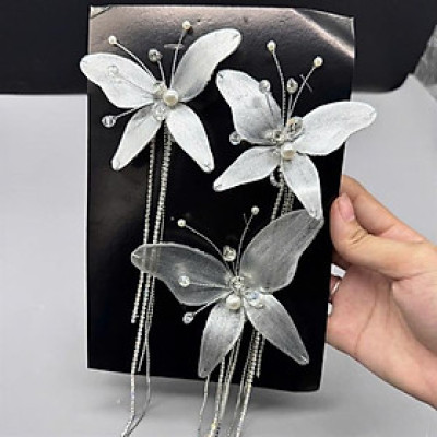 Set cài tóc bướm ánh trắng bạc dây đá tua rua mẫu mới