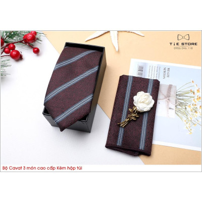 Ca Vat bộ 3 món kèm hộp túi xách cao cấp, quà tặng chú rể, Cavat nâu đỏ kẻ
