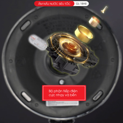 Ấm Siêu Tốc Gali GL-18A8 Thân Ấm Nguyên Khối Inox 304. Thiết kế 2 lớp Chống Nóng. hàng chính hãng, bảo hành 24 tháng