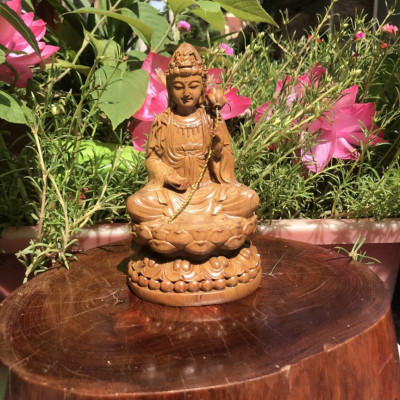 Tượng tây phương tam thánh mini bằng gỗ bách xanh thơm nức kt cao 15×9cm