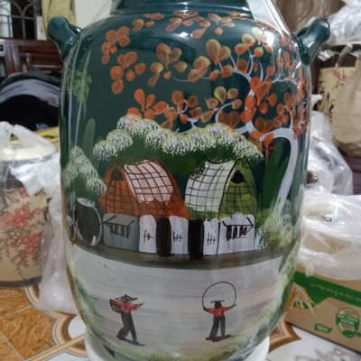 Hũ đựng rượu gạo men xanh vẽ phỏng Bát Tràng loại 20L