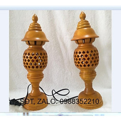 CẶP ĐÈN THỜ GỖ TRÀM BÔNG VÀNG CAO 34 CM MÀU VÀNG