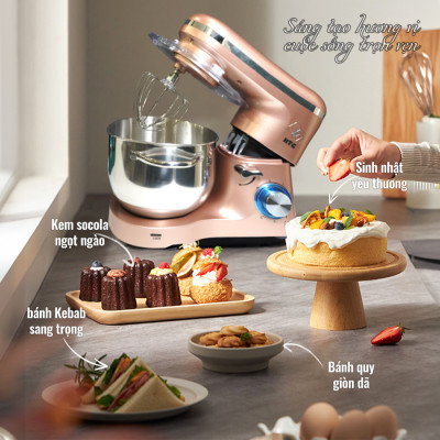 Máy Trộn Thực Phẩm Làm Bánh SM02 Đa Năng 3 Trong 1, Có Nắp Tiếp Liệu, Thố Inox 304 Dung Tích 5.5 Lít, Hàng Chính Hãng