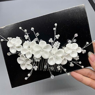 Cài tóc cô dâu hoa đất sét trắng có sẵn xược cài mã 006 - 18cm