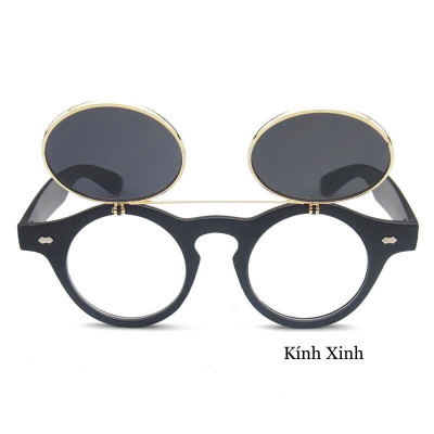 Kính Râm 2 Lớp Mở Nắp Mắt Tròn Gọng Nhựa Chống Nắng Uv Cao Cấp