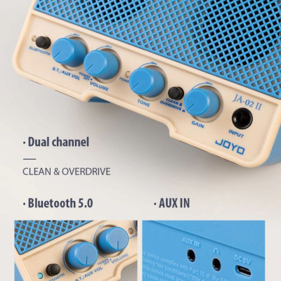 JOYO JA-02 II 5W - Loa Amplifier Mini Guitar Điện Dual Channel Clean & Overdrive Pin Sạc TypeC, Bluetooth 5.0 AUX IN - Hàng chính hãng