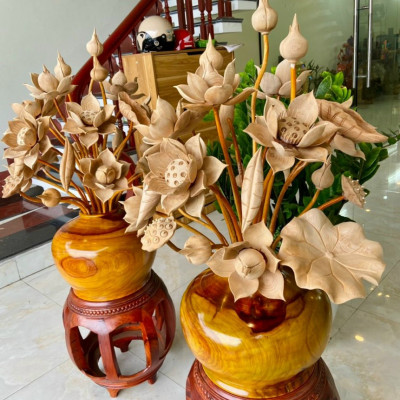 1 Bình hoa sen gỗ hương đỏ, trang trí phòng khách ,phòng thờ ,25 cành hoa lá gương bằng gỗ ngọc am thơm phức  