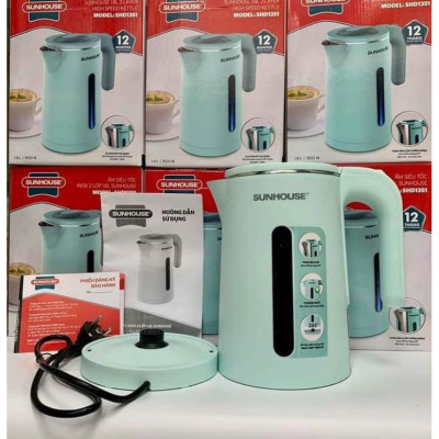Ấm đun nước siêu tốc Sun house SHD1351 - Bình đun siêu tốc cao cấp inox 2 lớp 1.8L - Hàng chính hãng