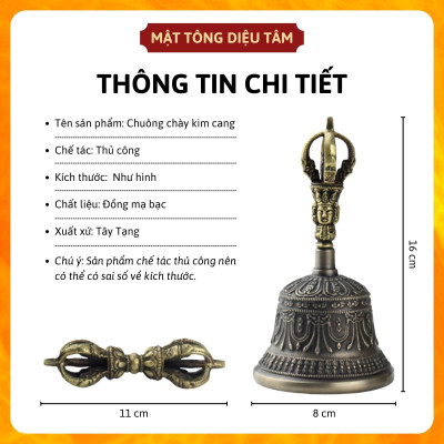 Chuông chày kim cang - Linh đồng - chuông lắc - chuông tay - pháp khí mật tông bằng đồng tráng bạc cỡ lớn MS1K Diệu Tâm
