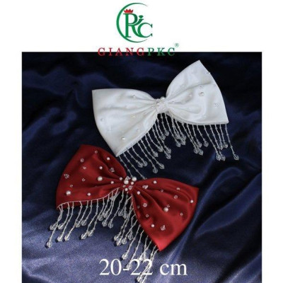 Nơ cài tóc kết hạt trai pha lê dây thả có sẵn kẹp cài mới t10-2022 Giangpkc - trắng