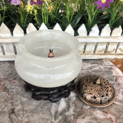 Lư xông trầm hương, hủ đỉnh đốt nhang, trầm hương đá bạch ngọc - Cao 12 cm