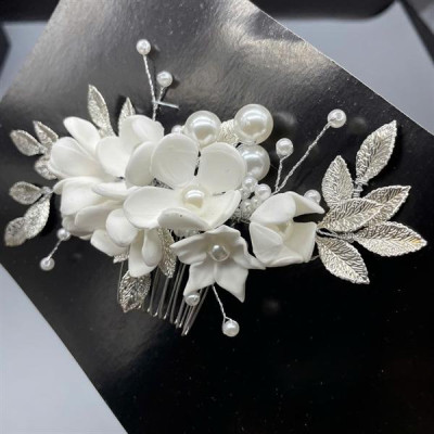 Cài tóc cô dâu hoa đất sét trắng có sẵn xược cài mã 003 - 14cm