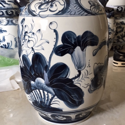 Hũ đựng gạo gốm sứ tráng men 16kg vẽ sen cá chép 