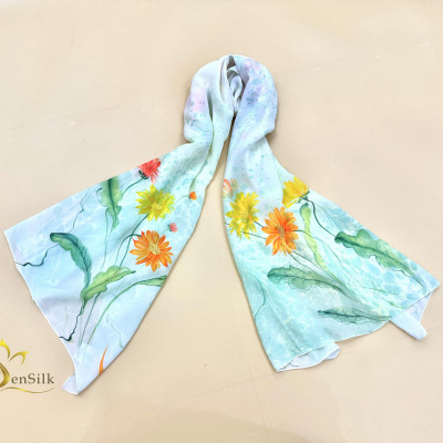 Khăn Thuỷ Ấn Vẽ Tay SenSilk Hoa Đồng Tiền - Silk Shawl Water Marbled Hand Painted - Quà Tặng Đối Tác - Vietnam Silk Gift
