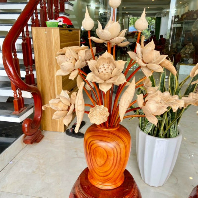 2 Bình hoa sen gỗ hương đỏ trang trí phong thủy phòng thờ phòng khách ,25 cành và hoa lá gương bằng gỗ ngọc am thơm nức  