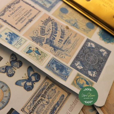 Sticker tự cắt Blue mix ephemera - sticker vintage dán, trang trí sổ nhật kí, sổ tay | Bullet journal - kc003