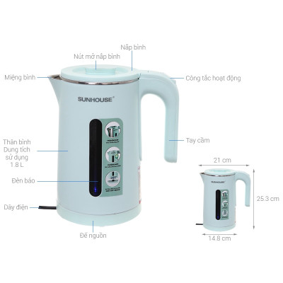 Ấm đun nước siêu tốc Sun house SHD1351 - Bình đun siêu tốc cao cấp inox 2 lớp 1.8L - Hàng chính hãng