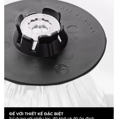 Phễu thuỷ tinh V60 rãnh thẵng đế nhựa đen CAFE DE KONA