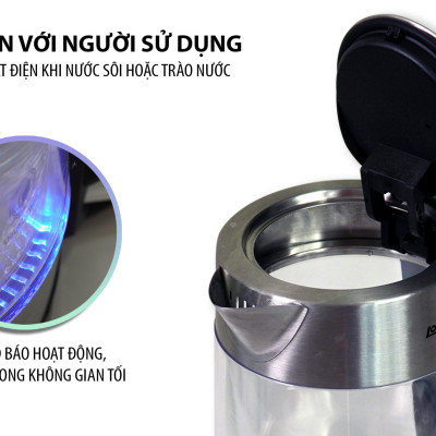 Ấm Đun Siêu Tốc 2 Lớp 1.7L Lorca TA 3006A Hàng Chính Hãng Ấm Đun Nước Thủy Tinh Inox Đun Nhanh, Công Suất Lớn 2200W