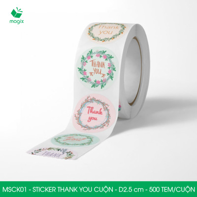 MSCK01 - D2.5 cm - 1 Cuộn 500 sticker thank you tròn, nhãn dán thank you, tem dán cảm ơn