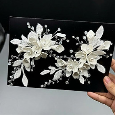 Cài tóc cô dâu hoa đất đính lá nhũ kim tuyến